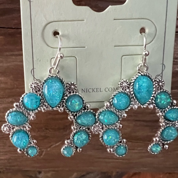 New Turquoise sparkle Western Boho Blue Naja Silver Earrings Squash Blossom - Picture 1 of 5